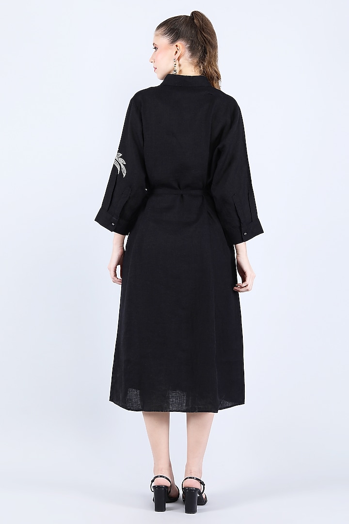 Black Pure Linen Applique Work Vacation Dress by Linen Bloom at Pernia's Pop Up Shop