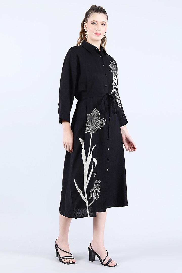 Black Pure Linen Applique Work Vacation Dress by Linen Bloom at Pernia's Pop Up Shop