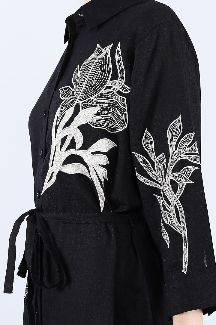 Black Pure Linen Applique Work Vacation Dress by Linen Bloom at Pernia's Pop Up Shop