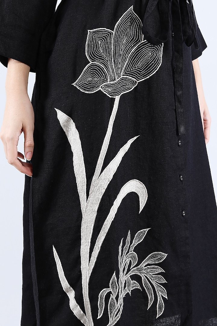 Black Pure Linen Applique Work Vacation Dress by Linen Bloom at Pernia's Pop Up Shop