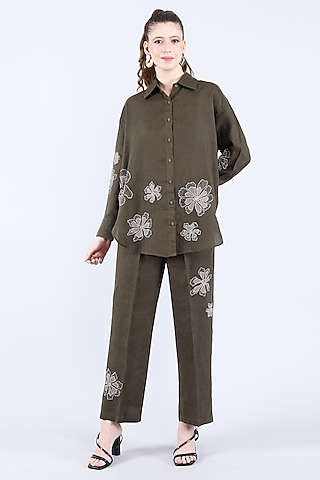 Olive Pure Linen Pant Set by Linen Bloom