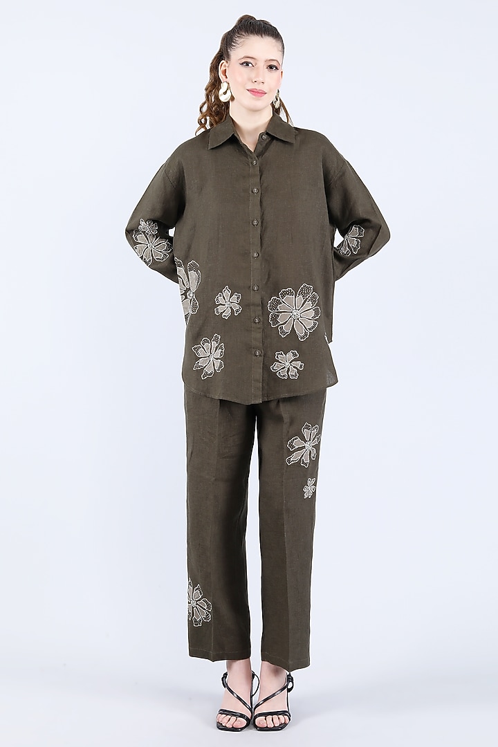 Olive Pure Linen Pant Set by Linen Bloom at Pernia's Pop Up Shop