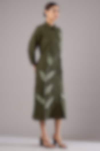 Olive Linen Embroidered Midi Vacation Dress by Linen Bloom at Pernia's Pop Up Shop