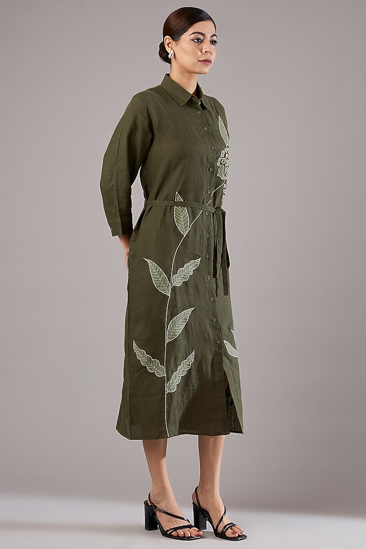 Olive Linen Embroidered Midi Vacation Dress by Linen Bloom at Pernia's Pop Up Shop