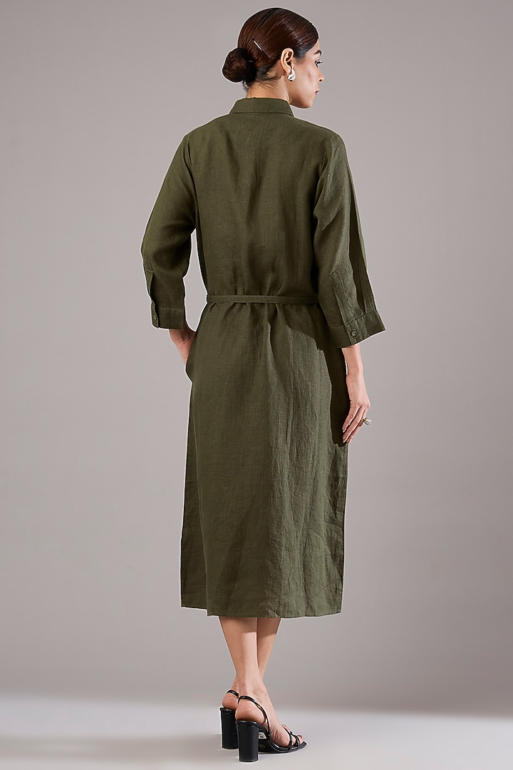 Olive Linen Embroidered Midi Vacation Dress by Linen Bloom at Pernia's Pop Up Shop