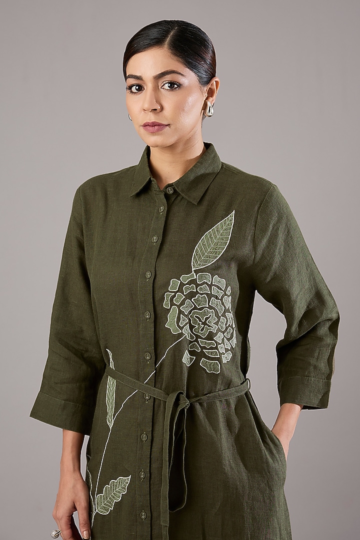 Olive Linen Embroidered Midi Vacation Dress by Linen Bloom at Pernia's Pop Up Shop