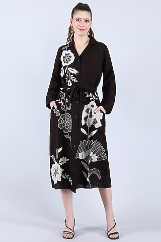 Chocolate Pure Linen Applique Work Dress by Linen Bloom