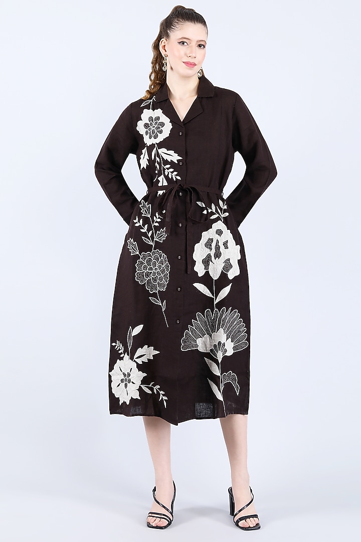Chocolate Pure Linen Applique Work Vacation Dress by Linen Bloom at Pernia's Pop Up Shop