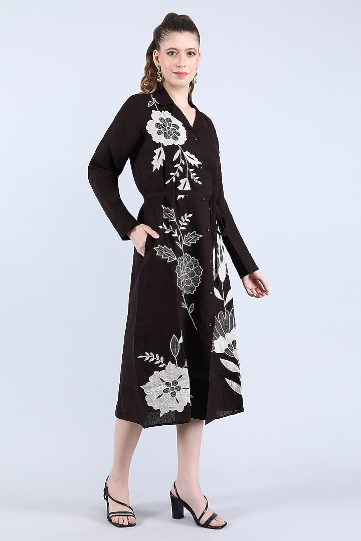 Chocolate Pure Linen Applique Work Vacation Dress by Linen Bloom at Pernia's Pop Up Shop