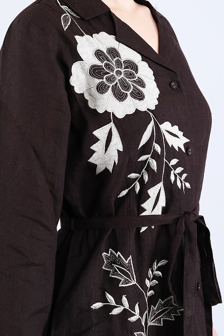 Chocolate Pure Linen Applique Work Vacation Dress by Linen Bloom at Pernia's Pop Up Shop