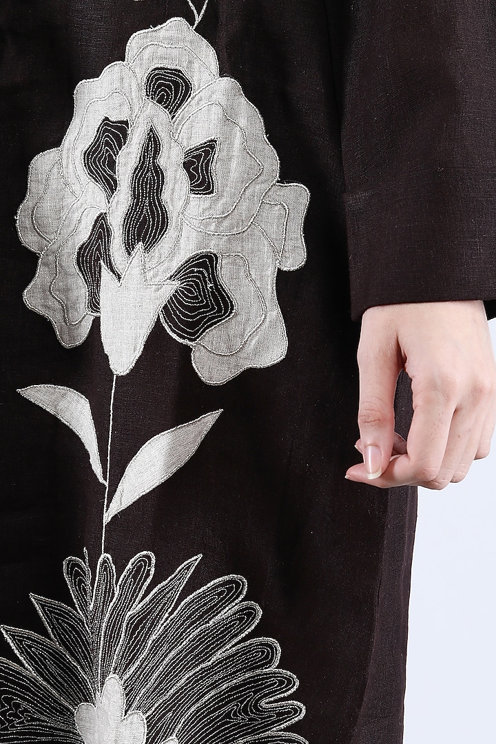 Chocolate Pure Linen Applique Work Vacation Dress by Linen Bloom at Pernia's Pop Up Shop