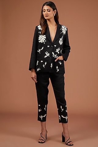 Black Pure Linen Floral Embroidered Blazer Set by Linen Bloom