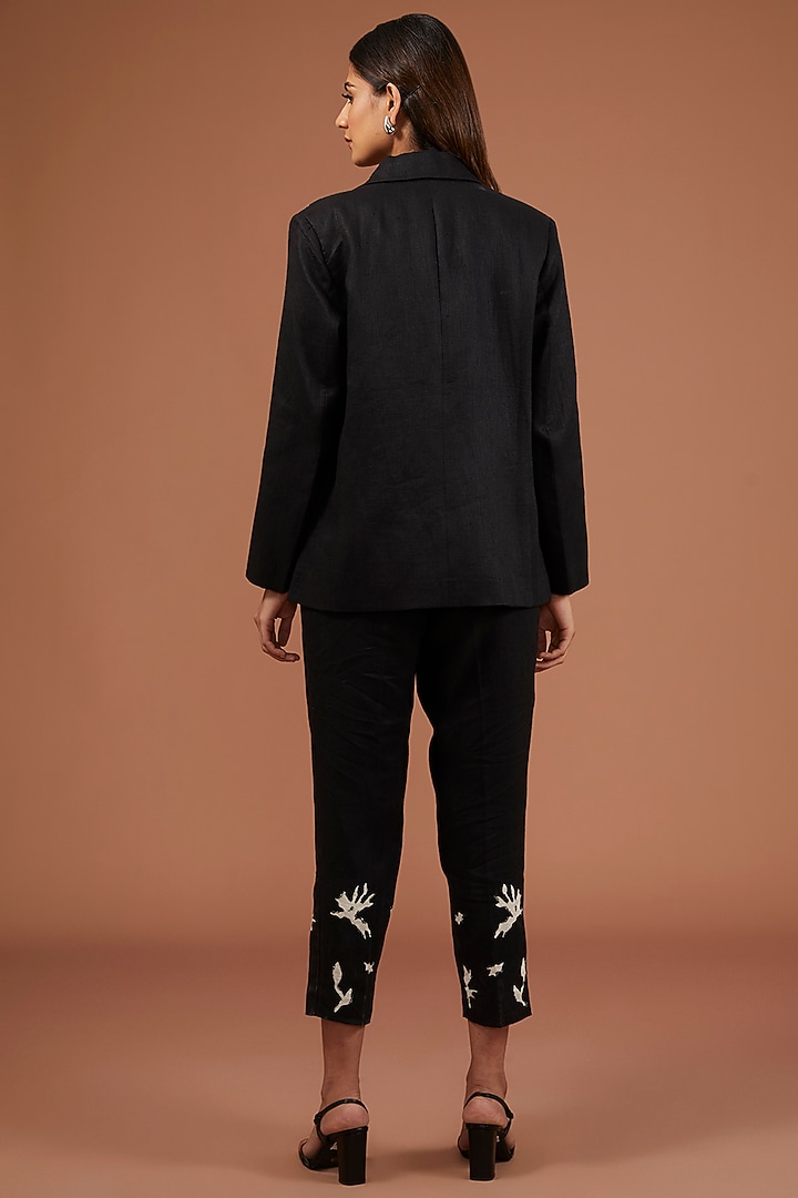 Black Pure Linen Floral Embroidered Blazer Set by Linen Bloom at Pernia's Pop Up Shop