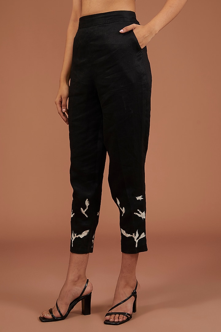 Black Pure Linen Floral Embroidered Blazer Set by Linen Bloom at Pernia's Pop Up Shop
