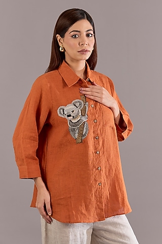 Orange Linen Embroidered Shirt by Linen Bloom