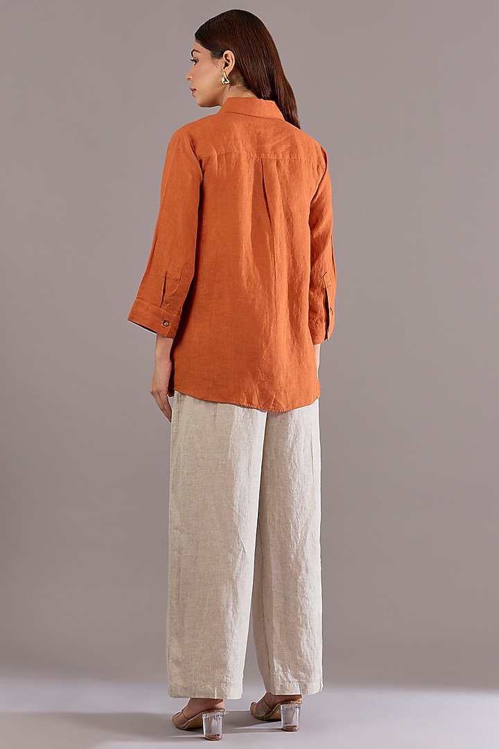 Orange Linen Embroidered Shirt by Linen Bloom at Pernia's Pop Up Shop