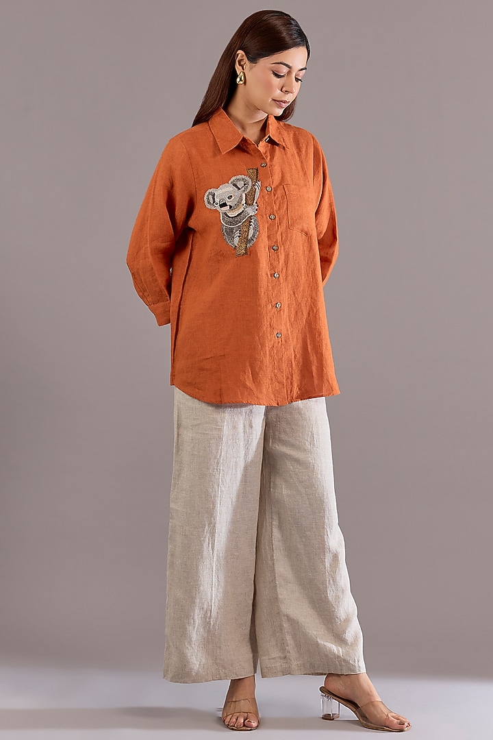 Orange Linen Embroidered Shirt by Linen Bloom at Pernia's Pop Up Shop