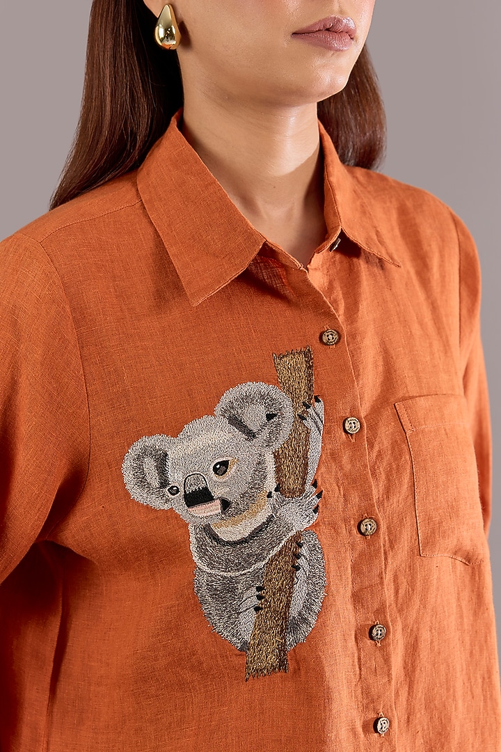 Orange Linen Embroidered Shirt by Linen Bloom at Pernia's Pop Up Shop