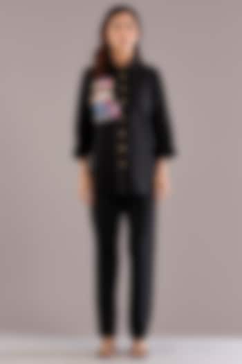 Black Pure Linen Embroidered Shirt by Linen Bloom at Pernia's Pop Up Shop