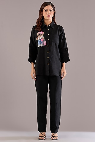 Black Pure Linen Embroidered Shirt by Linen Bloom