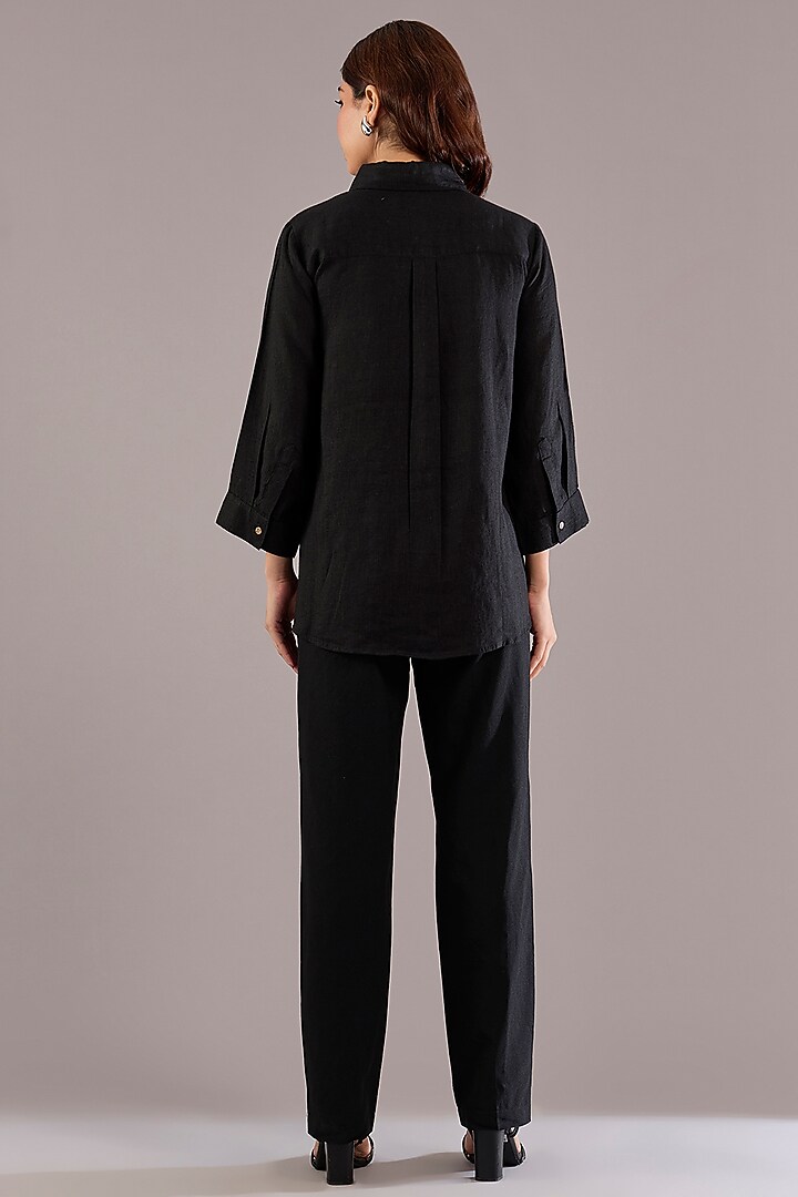 Black Pure Linen Embroidered Shirt by Linen Bloom at Pernia's Pop Up Shop