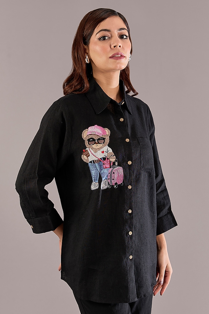 Black Pure Linen Embroidered Shirt by Linen Bloom at Pernia's Pop Up Shop
