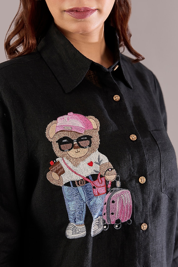 Black Pure Linen Embroidered Shirt by Linen Bloom at Pernia's Pop Up Shop