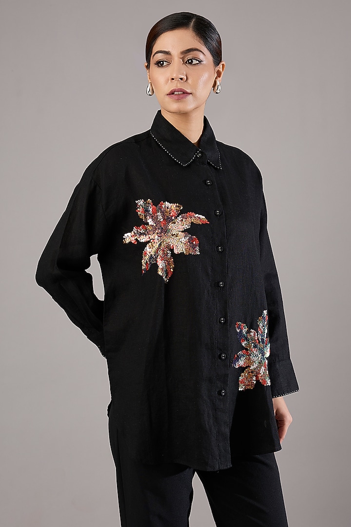 Navy Linen Sequin Work Shirt by Linen Bloom at Pernia's Pop Up Shop