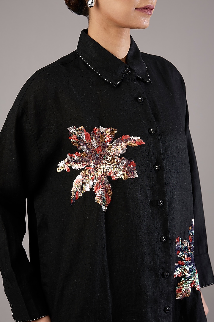 Navy Linen Sequin Work Shirt by Linen Bloom at Pernia's Pop Up Shop