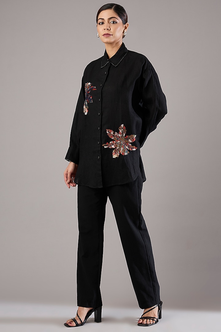 Navy Linen Sequin Work Shirt by Linen Bloom at Pernia's Pop Up Shop