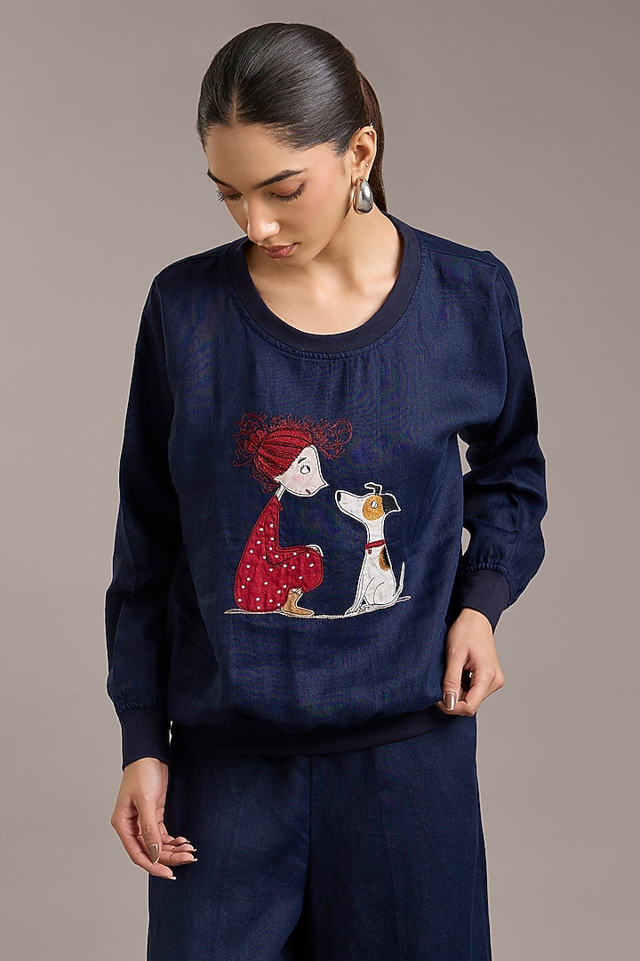 Navy Pure Linen Twill Sweatshirt by Linen Bloom at Pernia's Pop Up Shop