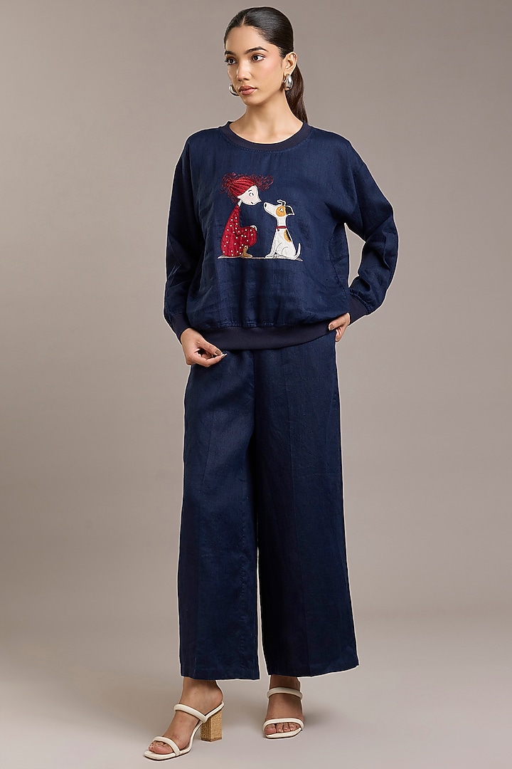 Navy Pure Linen Twill Sweatshirt by Linen Bloom at Pernia's Pop Up Shop