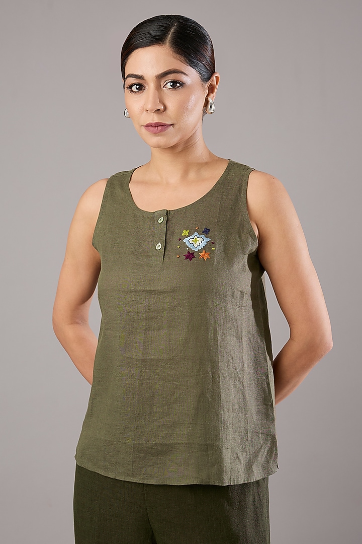 Sage Green Linen Embroidered Top by Linen Bloom at Pernia's Pop Up Shop