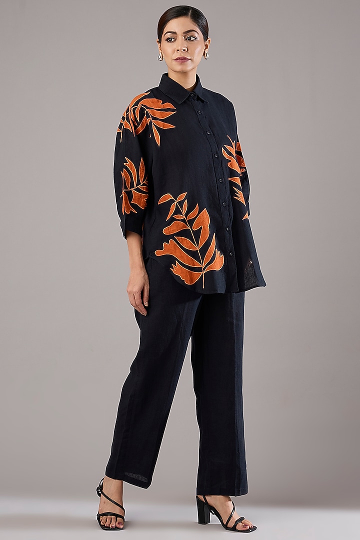 Navy Blue Linen Embroidered Co-Ord Set by Linen Bloom at Pernia's Pop Up Shop