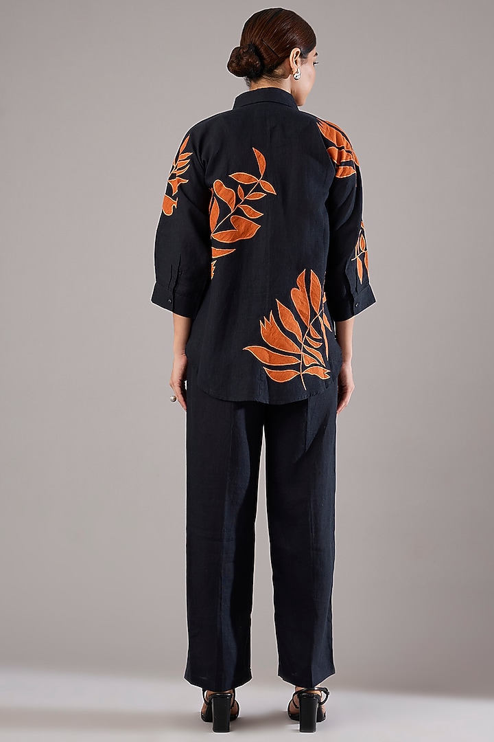 Navy Blue Linen Embroidered Co-Ord Set by Linen Bloom at Pernia's Pop Up Shop