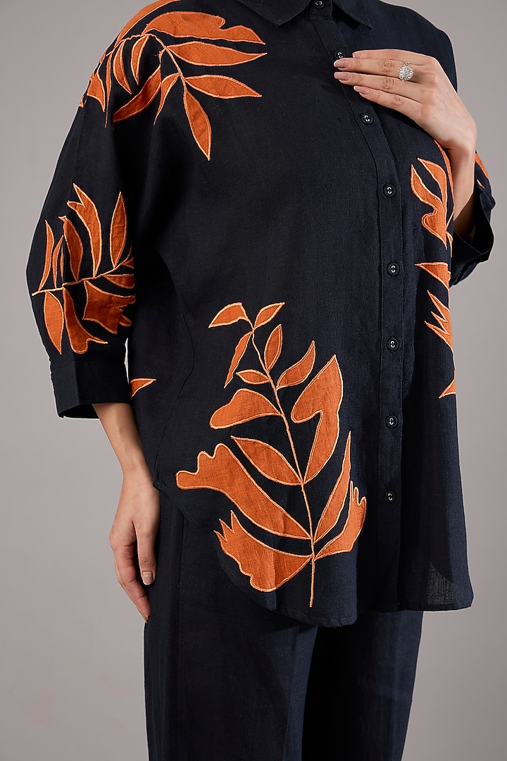 Navy Blue Linen Embroidered Co-Ord Set by Linen Bloom at Pernia's Pop Up Shop