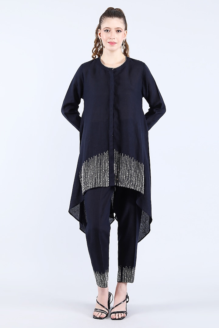 Navy Pure Linen Hand Embroidered Tunic Set by Linen Bloom at Pernia's Pop Up Shop