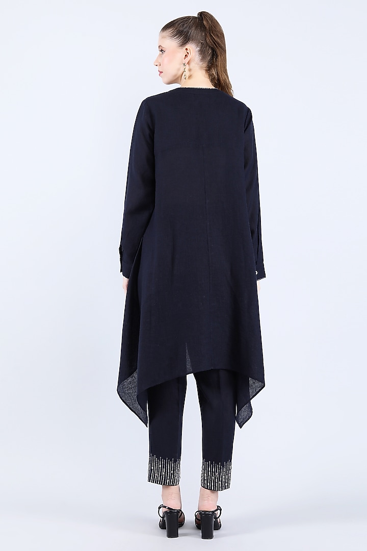 Navy Pure Linen Hand Embroidered Tunic Set by Linen Bloom at Pernia's Pop Up Shop