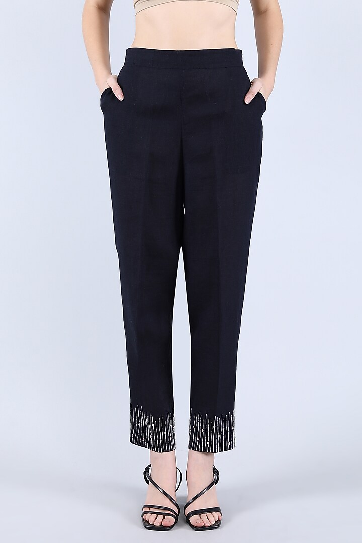 Navy Pure Linen Hand Embroidered Tunic Set by Linen Bloom at Pernia's Pop Up Shop