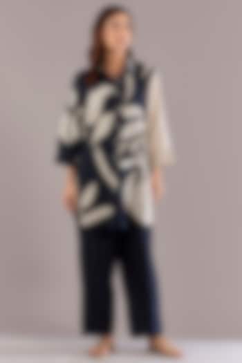 Navy & Beige Pure Linen Patch Embroidered Co-Ord Set by Linen Bloom at Pernia's Pop Up Shop