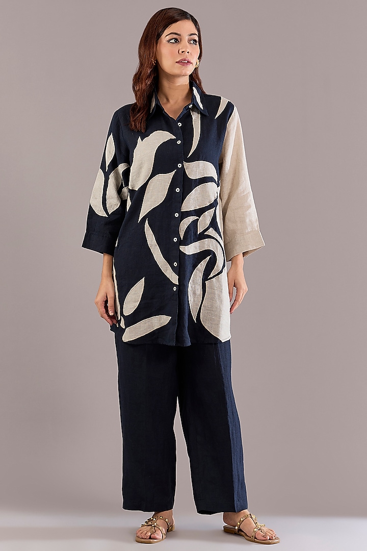 Navy & Beige Pure Linen Patch Embroidered Co-Ord Set by Linen Bloom at Pernia's Pop Up Shop