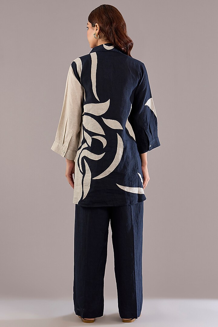 Navy & Beige Pure Linen Patch Embroidered Co-Ord Set by Linen Bloom at Pernia's Pop Up Shop
