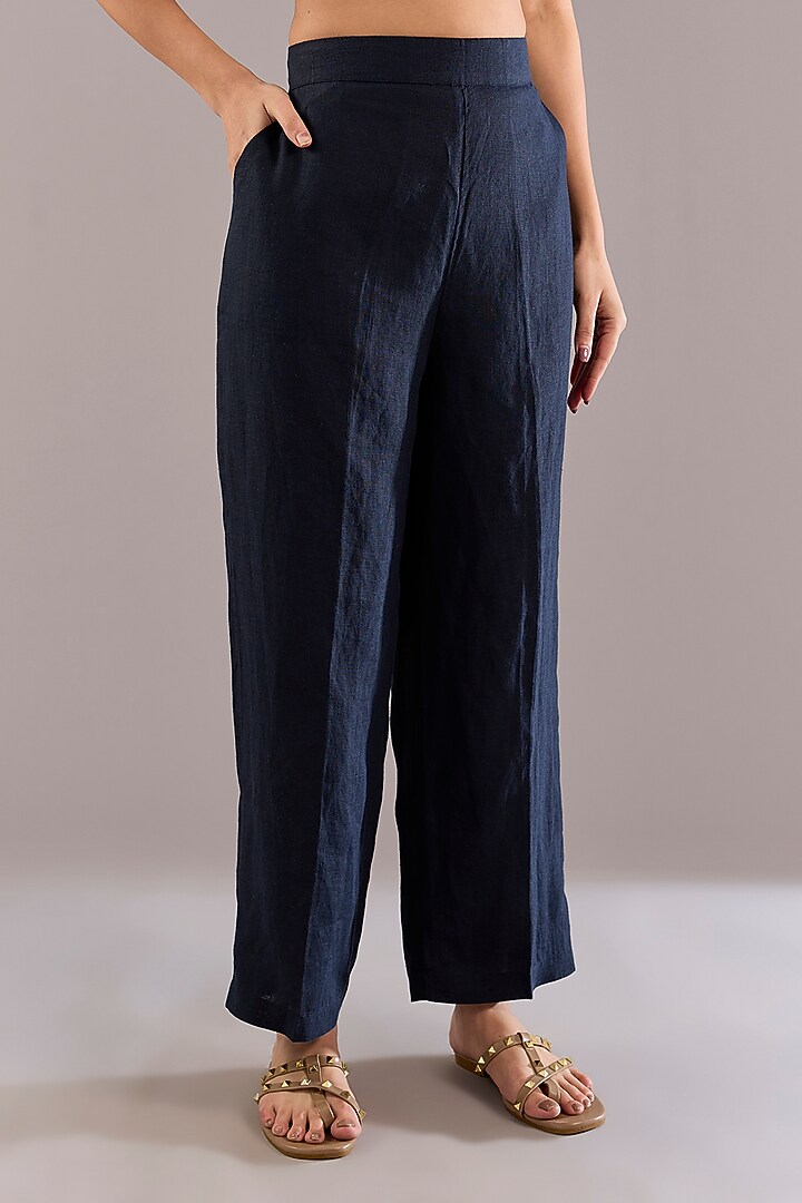 Navy & Beige Pure Linen Patch Embroidered Co-Ord Set by Linen Bloom at Pernia's Pop Up Shop