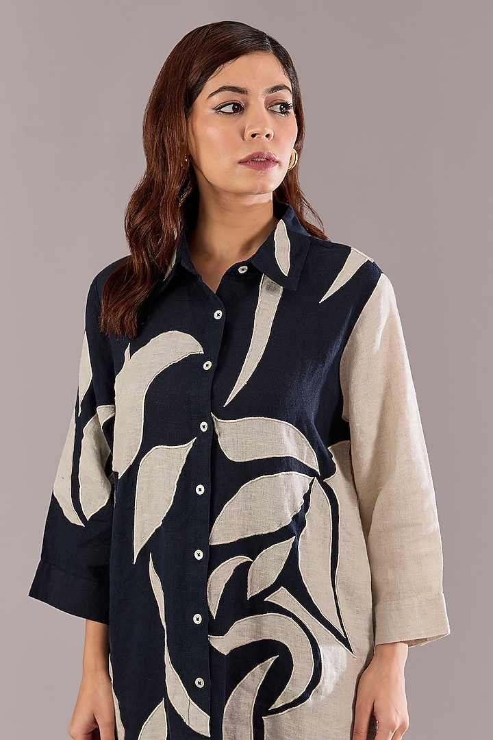 Navy & Beige Pure Linen Patch Embroidered Co-Ord Set by Linen Bloom at Pernia's Pop Up Shop