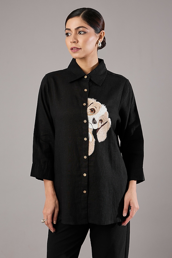 Black Linen Embroidered Shirt by Linen Bloom at Pernia's Pop Up Shop