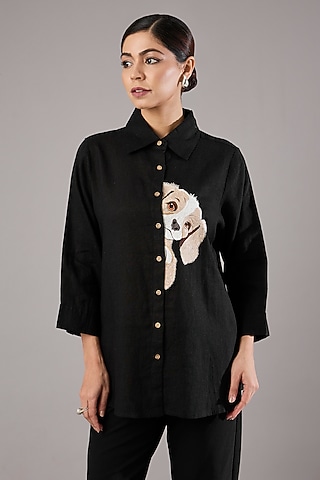Black Linen Embroidered Shirt by Linen Bloom
