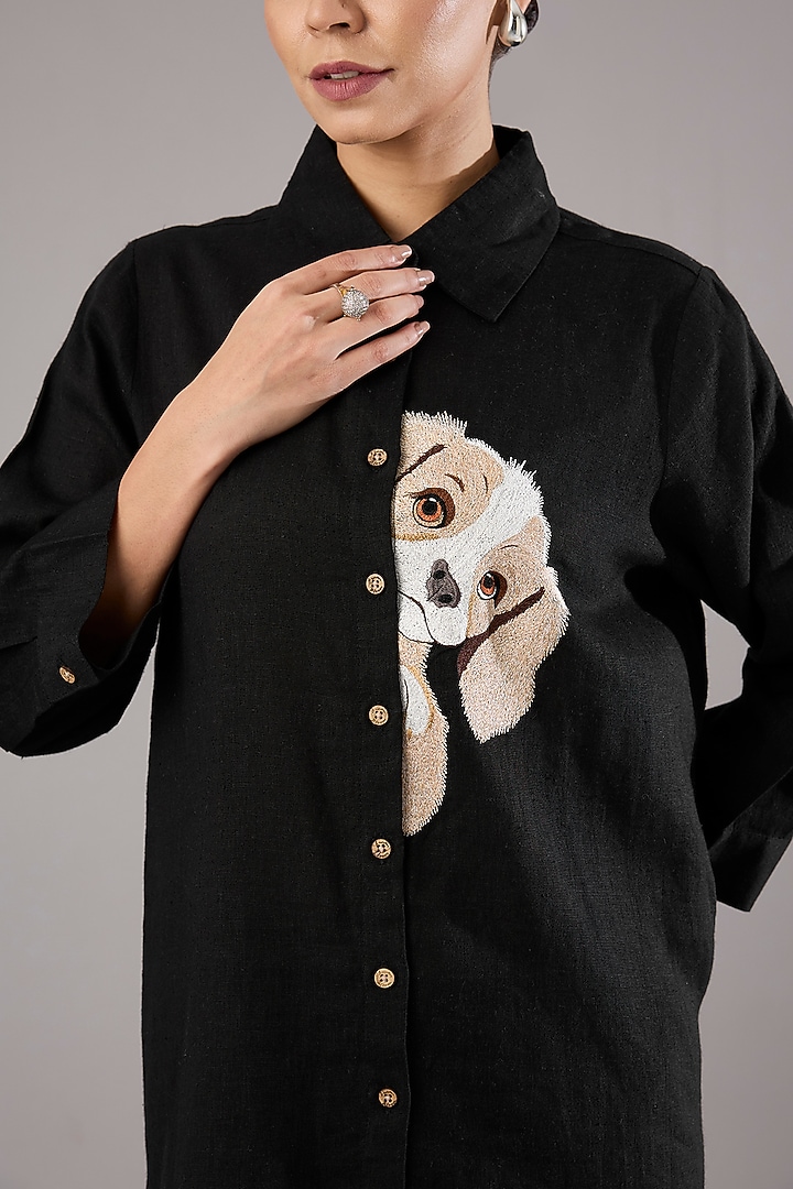Black Linen Embroidered Shirt by Linen Bloom at Pernia's Pop Up Shop