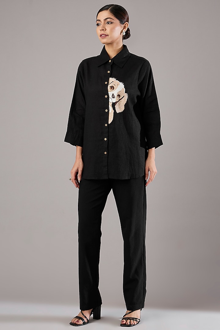 Black Linen Embroidered Shirt by Linen Bloom at Pernia's Pop Up Shop