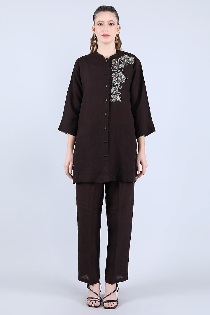 Chocolate Pure Linen Hand Embroidered Tunic Set by Linen Bloom at Pernia's Pop Up Shop