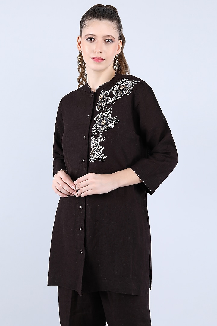 Chocolate Pure Linen Hand Embroidered Tunic Set by Linen Bloom at Pernia's Pop Up Shop